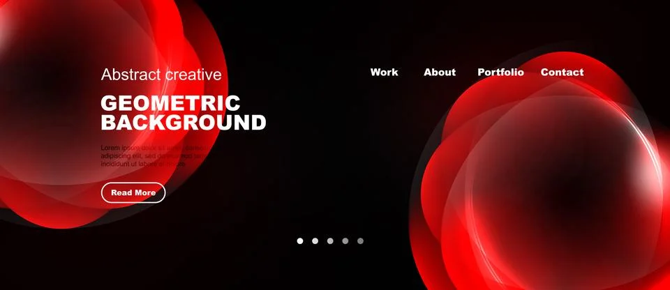 Dark background features red abstract shapes, text elements, navigation menu. Stock Illustration