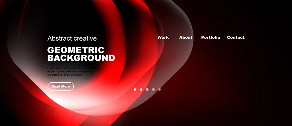 Dark background features red abstract shapes, text, navigation menu. Minimali 스톡 일러스트