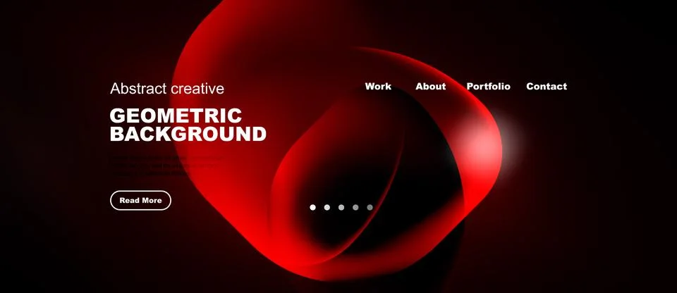 Dark background features red abstract shapes, text elements, navigation menu. Stock Illustration