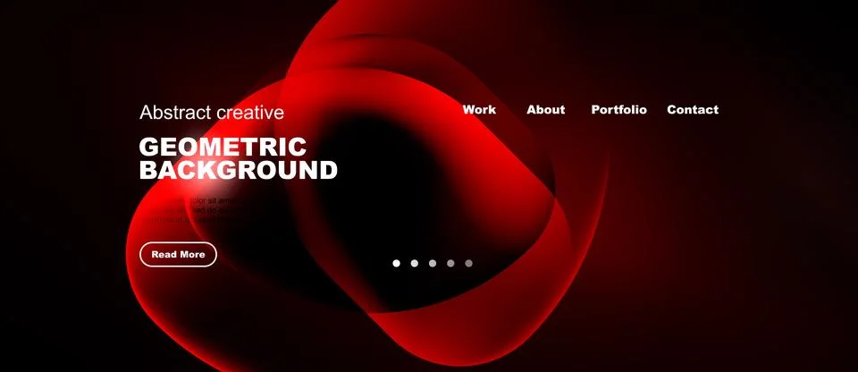 Dark background features red abstract shapes, text elements, navigation menu. Stock-Illustration