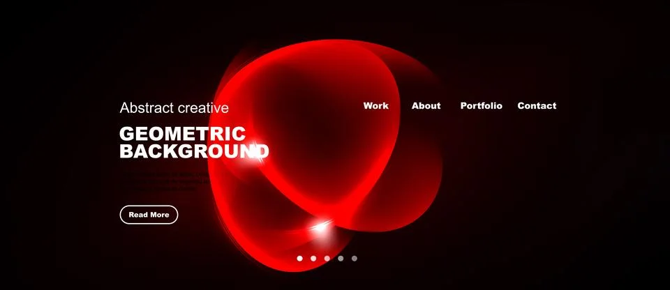 Dark background features red abstract shape, text elements, navigation menu. Illustrazione stock