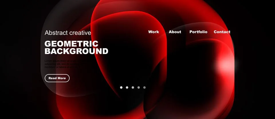 Dark background features red abstract shapes, text elements, navigation menu. Illustrazione stock