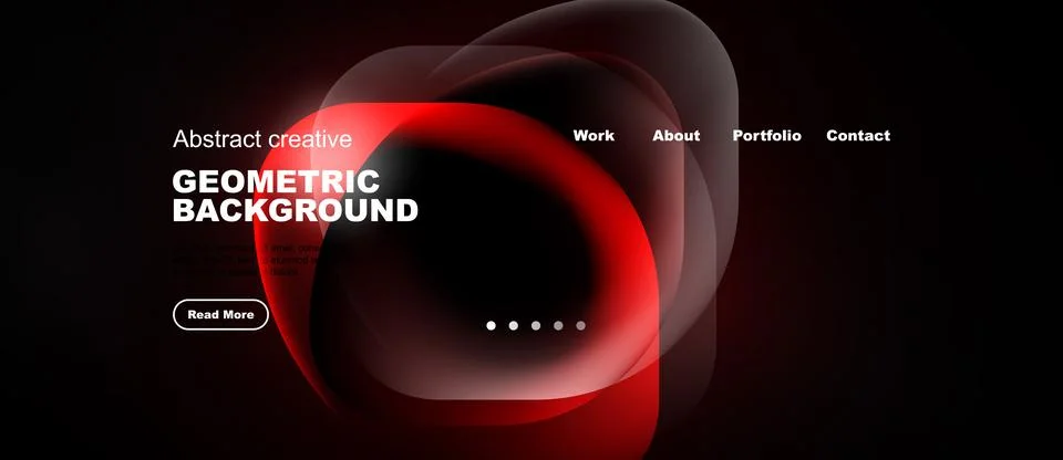 Dark background features red abstract shapes. Website navigation includes wor Stock Illustration