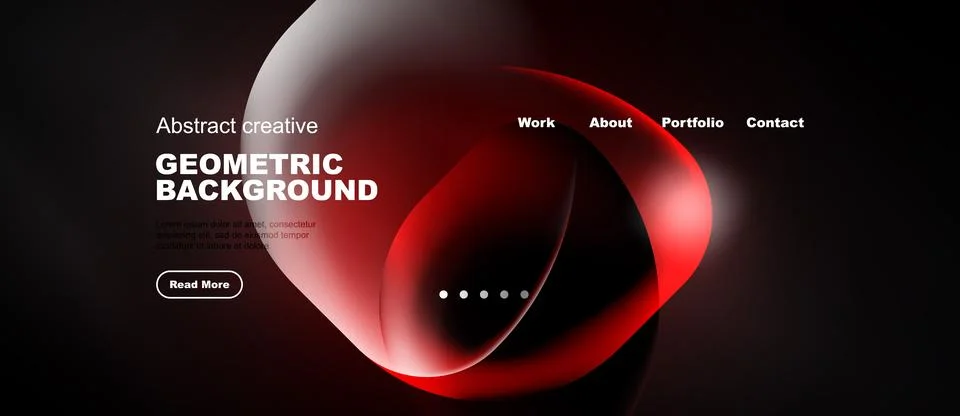 Dark background features red abstract shapes, text elements, navigation menu. Stock Illustration