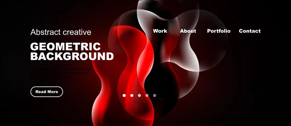 Dark background features red abstract shapes, text elements, navigation menu. Stock Illustration