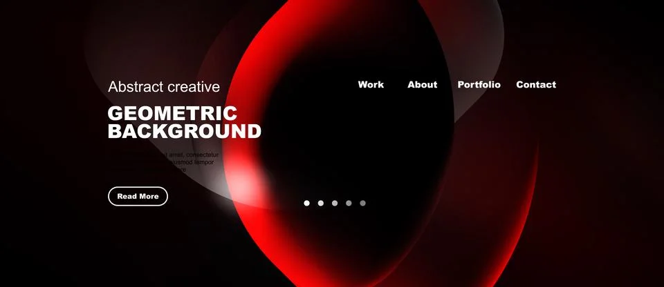 Dark background features red abstract shapes, text elements, navigation menu. Stock Illustration