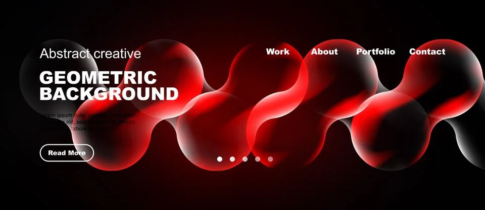 Dark background features red abstract shapes, text, navigation menu. Modern Stock Illustration