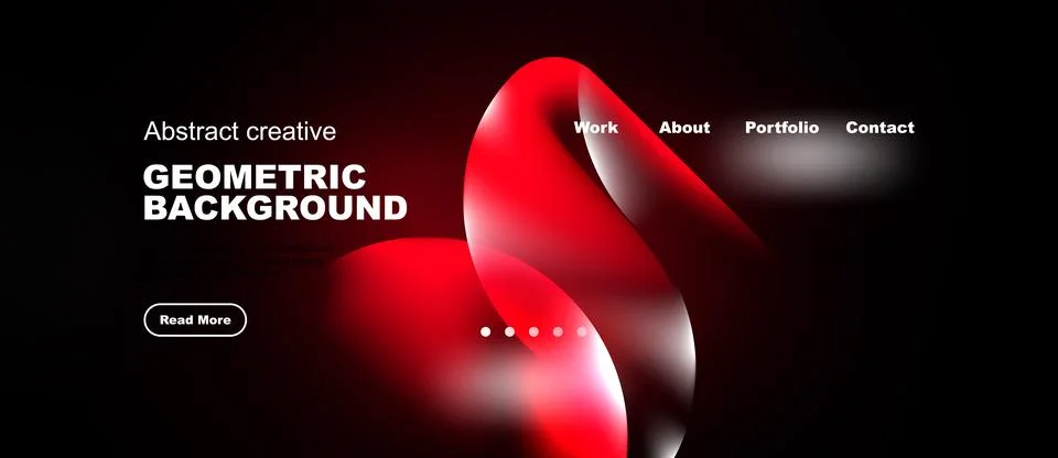 Dark background features red abstract shapes, text elements, navigation menu. Illustration
