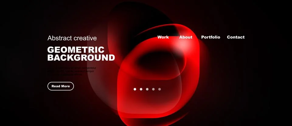 Dark background features red abstract shapes, text elements, navigation menu. Illustrazione stock