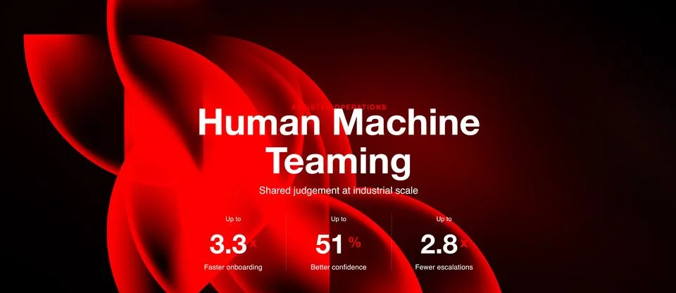 Dark background features red abstract shapes, text promoting human machine Stock Illustration