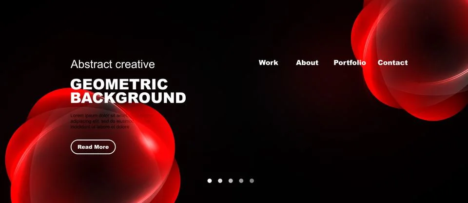 Dark background features red abstract shapes, text elements, navigation menu. 스톡 일러스트