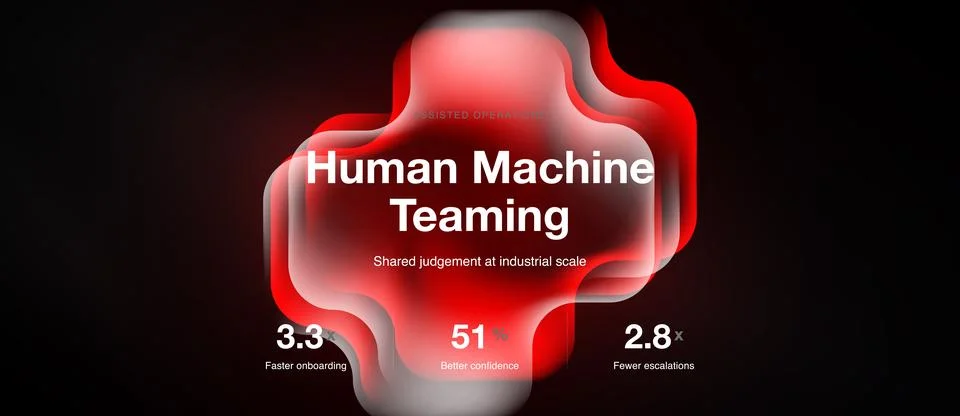 Dark background features red abstract shape. Text highlights Human Machine 库存插图