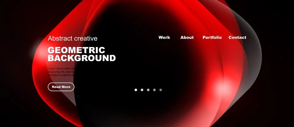 Dark background features red abstract shapes, text elements, navigation menu. Stockillustratie