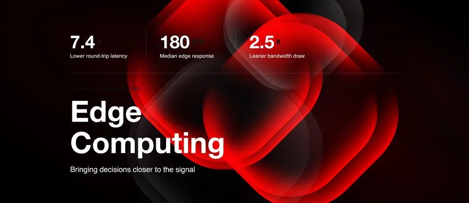 Dark background features red abstract shapes, numbers, text promoting edge Stock Illustration