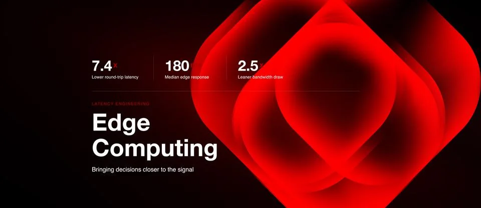 Dark background features red abstract shapes, text highlights edge computing Illustrazione stock
