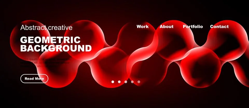 Dark background features red flowing shapes, text elements, navigation menu. Illustrazione stock