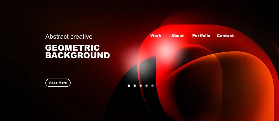 Dark background features red geometric shapes, text elements, navigation menu Illustrazione stock