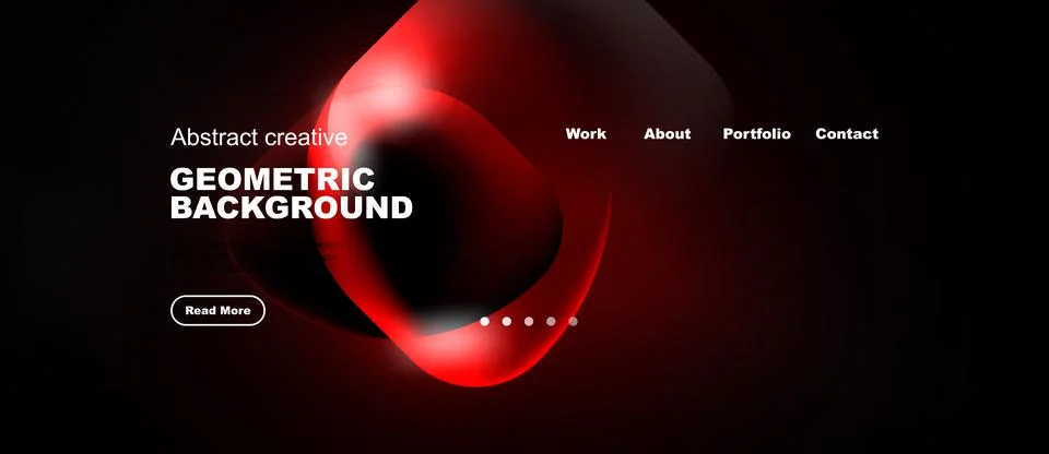 Dark background features red geometric shapes, text elements, navigation op.. Stock Illustration