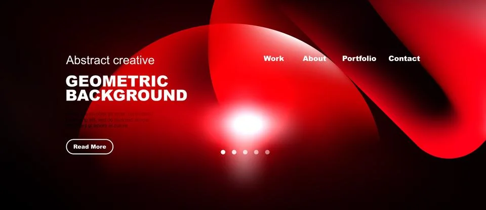 Dark background features red geometric shapes, text, navigation menu. Modern Stock Illustration