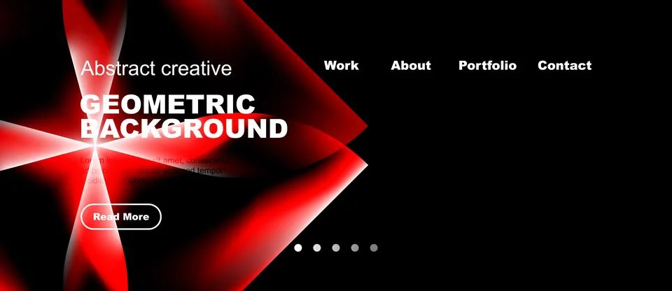 Dark background features red geometric shapes, text, navigation menu, button. Stock Illustration