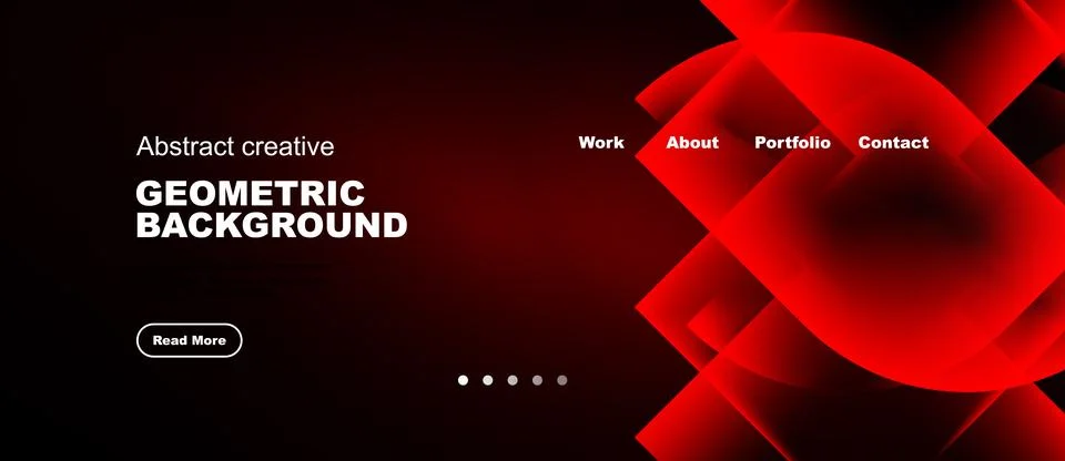 Dark background features red geometric shapes, text elements, navigation menu Stock Illustration