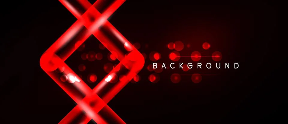 Dark background features red neon lines forming geometric shapes, plus scat.. Stock Illustration