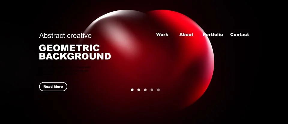 Dark background features red sphere. Website navigation includes work, about, Stock Illustration