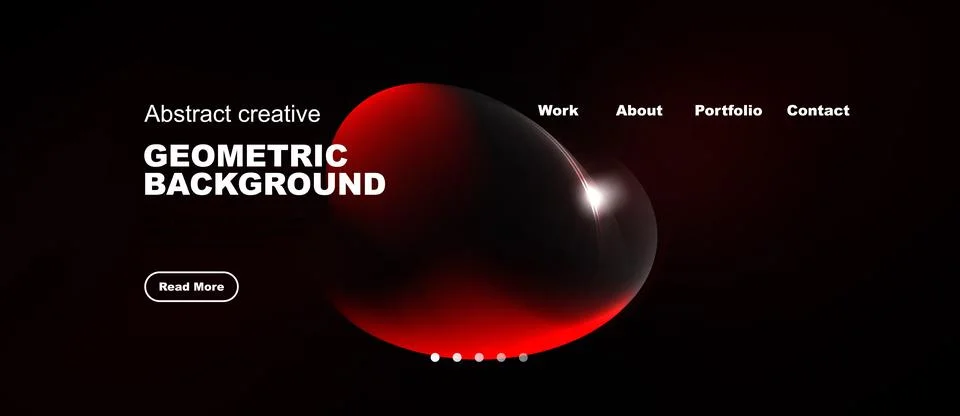Dark background features red spheres, text elements, navigation menu. Minim.. Stock Illustration