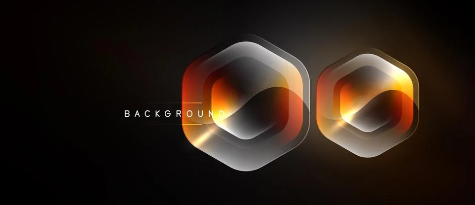 Dark background features two glowing hexagonal shapes. Orange, yellow hues Illustrazione stock