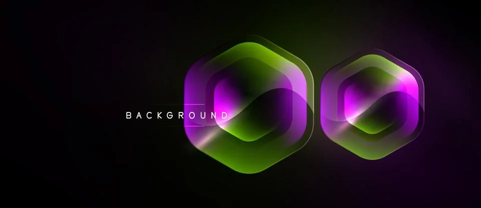 Dark background features two glowing hexagonal shapes. Gradient colors blend Illustrazione stock