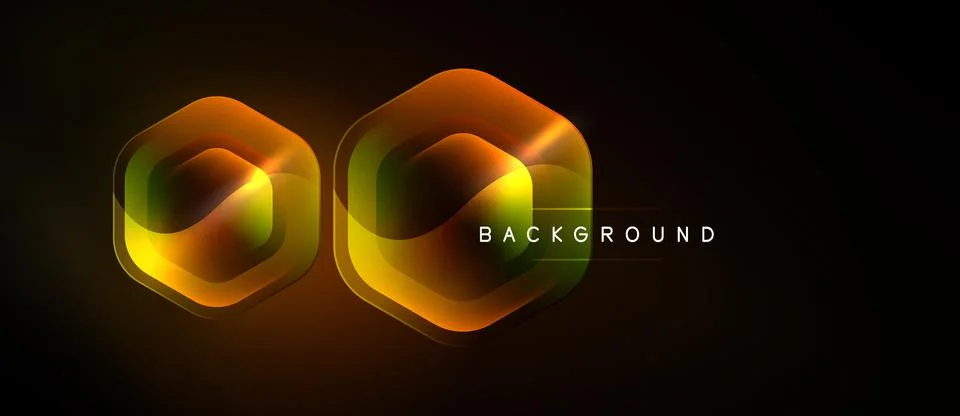Dark background features two glowing hexagonal shapes. Orange, yellow hues Stock Illustration