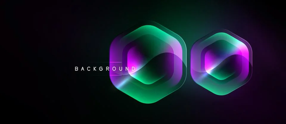 Dark background features two glowing hexagons. Green, purple hues blend cre.. Stock Illustration
