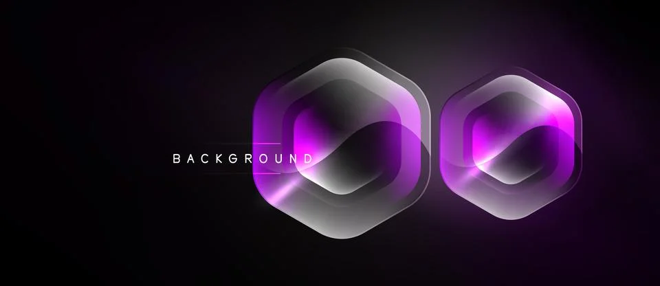 Dark background features two glowing hexagonal shapes. Purple, white light Stockillustratie