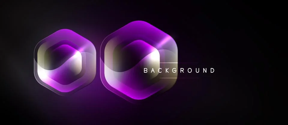 Dark background features two glowing hexagonal shapes. Purple, silver gradien Stockillustratie