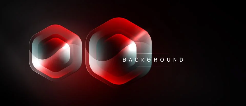 Dark background features two glowing red hexagons. Shapes exhibit layered e.. Illustrazione stock