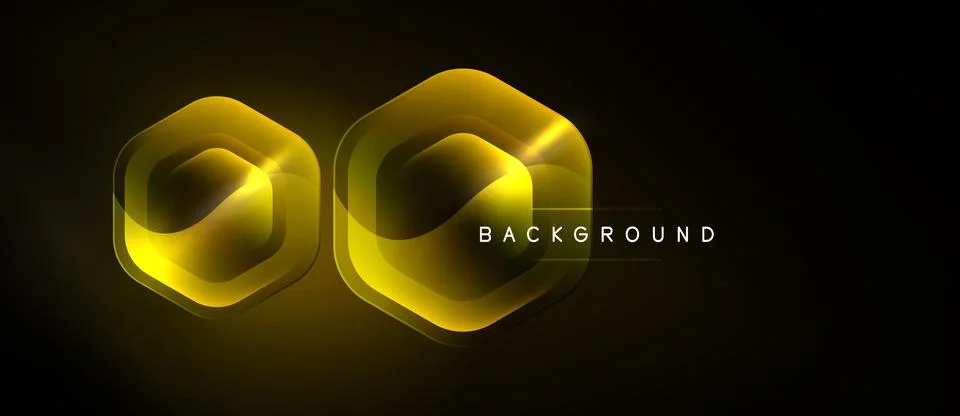 Dark background features two golden hexagons. Layers create depth, glow effec Stock Illustration