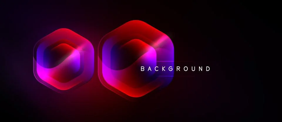 Dark background features two layered hexagon shapes. Vibrant purple, red hues Stockillustratie