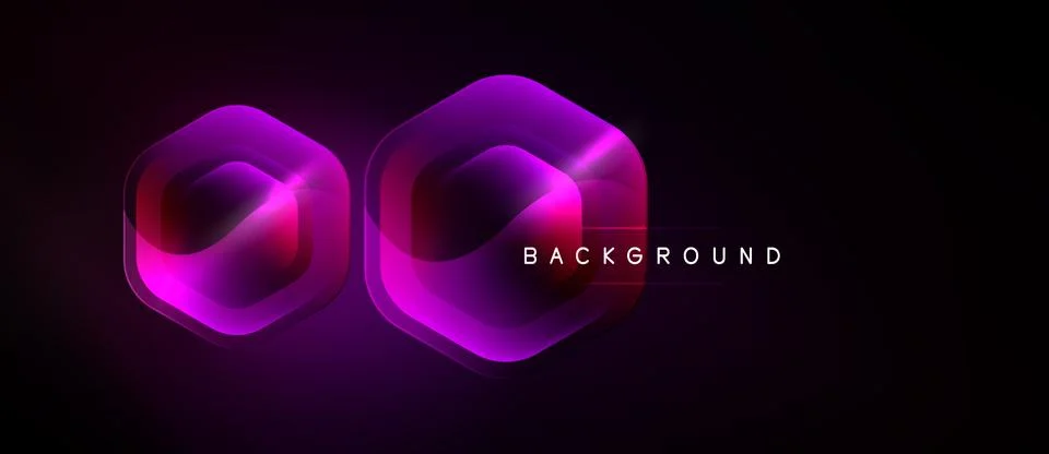 Dark background features two layered hexagons. Vibrant purple, pink hues crea 스톡 일러스트