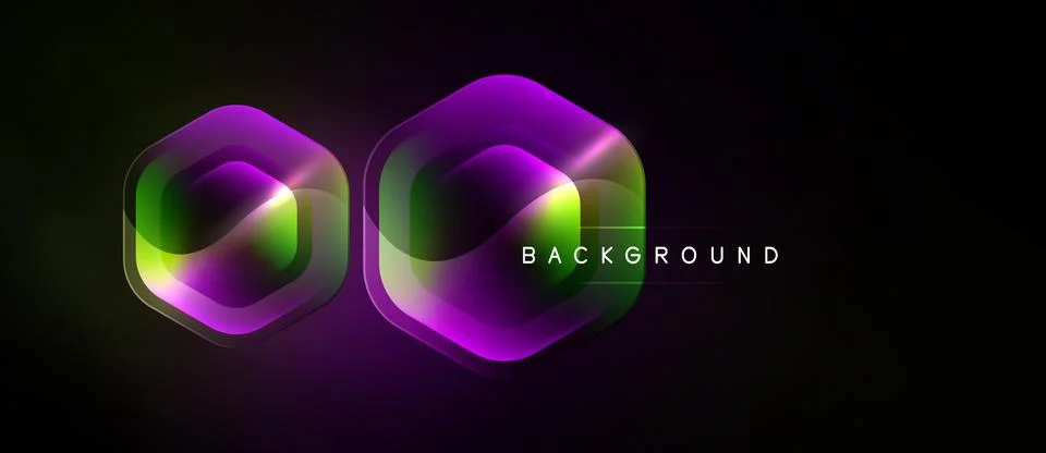 Dark background features two layered hexagon shapes. Vibrant neon colors blen 스톡 일러스트