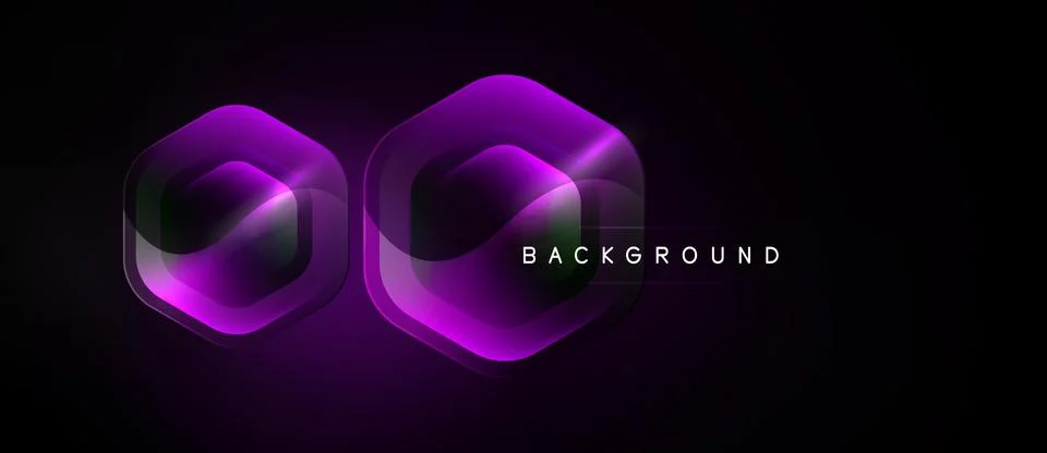Dark background features two layered hexagonal shapes, glowing purple. Modern Stock Illustration