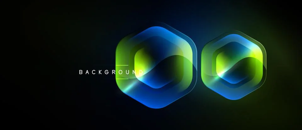 Dark background features two overlapping hexagonal shapes. Vibrant blue, gree Stockillustratie