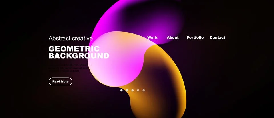 Dark background features vibrant abstract shapes, text elements, navigation.. Stock-Illustration