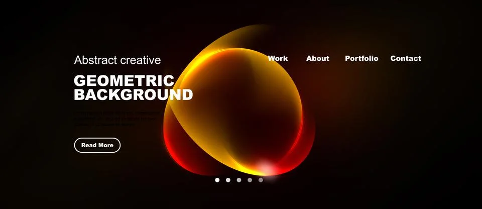 Dark background features vibrant abstract shapes, text elements, navigation.. Stockillustratie