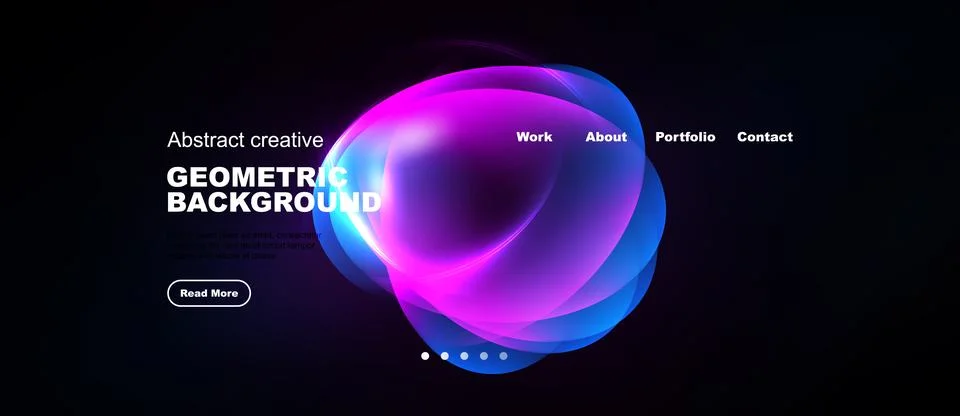 Dark background features vibrant abstract shapes, text elements, navigation Stock-Illustration