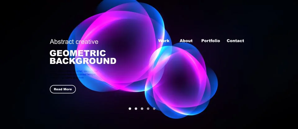 Dark background features vibrant abstract shapes, text elements, navigation.. イラスト素材