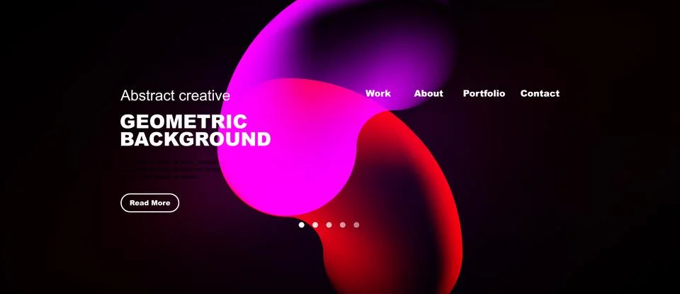 Dark background features vibrant abstract shapes, text elements, navigation.. Illustrazione stock