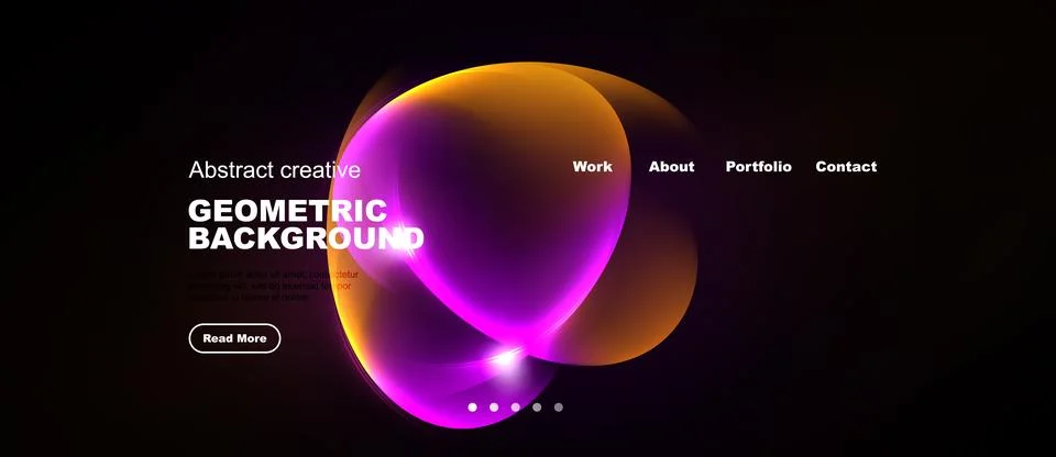 Dark background features vibrant abstract shapes, text elements, navigation.. Illustrazione stock