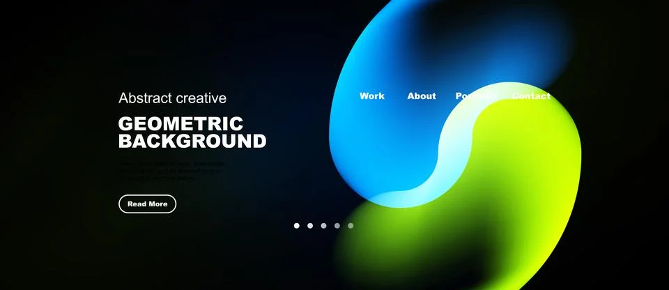 Dark background features vibrant abstract shapes, text elements, navigation Illustrazione stock