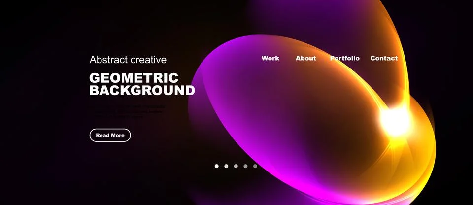 Dark background features vibrant abstract shapes, text elements, navigation.. Stock Illustration