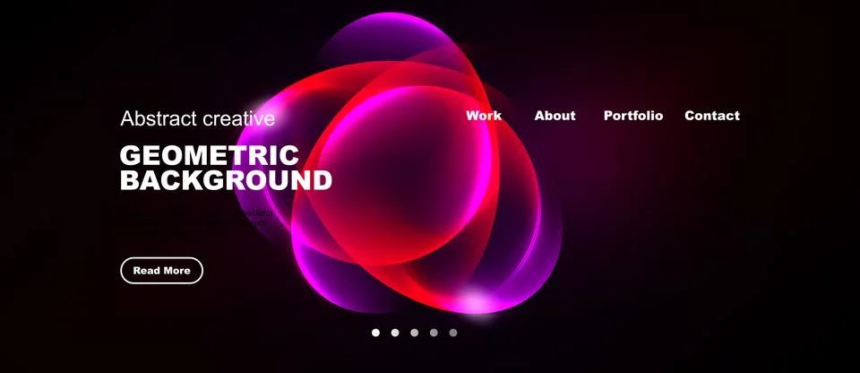 Dark background features vibrant abstract shapes, text elements, navigation.. Stock Illustration